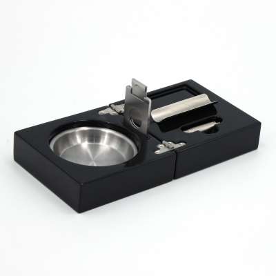 Made in china black lacquered promotion ashtray wholesale custom made wooden cigar ashtray cigar ashtray and cutter